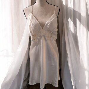 Vntg California Dynasty Ivory Satin Nightgown Lace and Rhinestone‎ Details Sz L